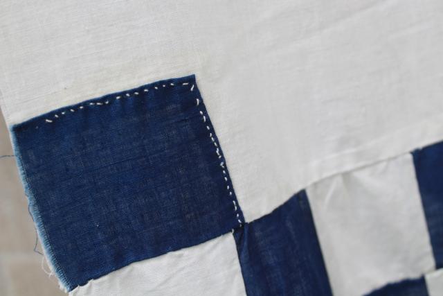 photo of hand-stitched vintage patchwork quilt top, country primitive checkered navy blue white #9