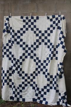 catalog photo of hand-stitched vintage patchwork quilt top, country primitive checkered navy blue white