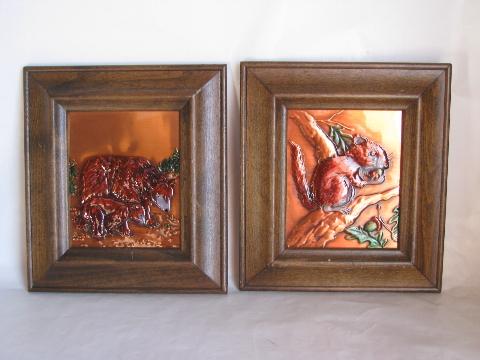 photo of hand-tinted tooled copper pictures, bear & squirrel for rustic lodge or cabin #1