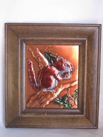 photo of hand-tinted tooled copper pictures, bear & squirrel for rustic lodge or cabin #2