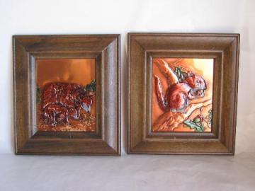 catalog photo of hand-tinted tooled copper pictures, bear & squirrel for rustic lodge or cabin