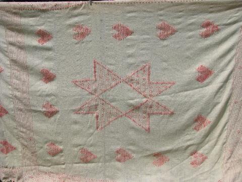 photo of handwoven pure wool vintage bedspread bed cover, ivory w/ pink hearts #1