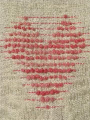 photo of handwoven pure wool vintage bedspread bed cover, ivory w/ pink hearts #4