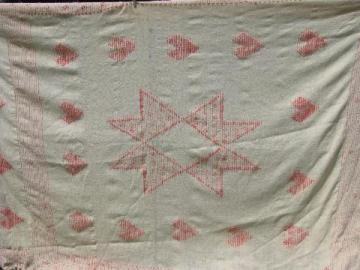 catalog photo of handwoven pure wool vintage bedspread bed cover, ivory w/ pink hearts