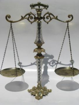 catalog photo of hanging balance scales for display, retro 50s lucite plastic and gold