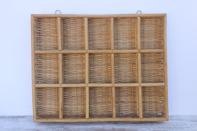 photo of hanging wall basket display box, bamboo or rattan woven basketweave cubbyhole shelves  #1