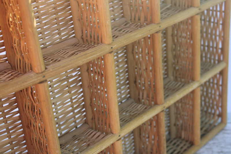 photo of hanging wall basket display box, bamboo or rattan woven basketweave cubbyhole shelves  #2