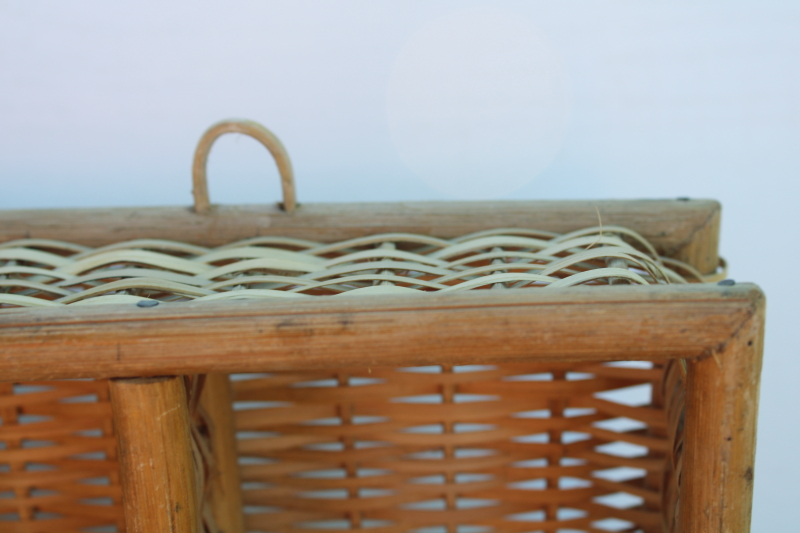 photo of hanging wall basket display box, bamboo or rattan woven basketweave cubbyhole shelves  #3