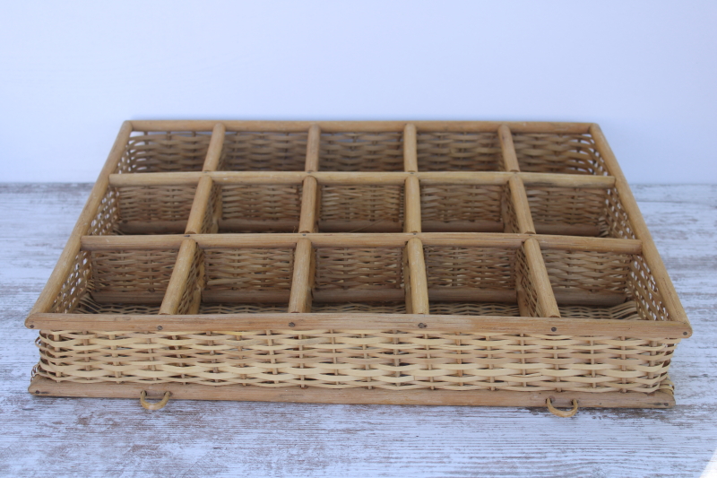 photo of hanging wall basket display box, bamboo or rattan woven basketweave cubbyhole shelves  #7