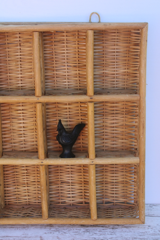 photo of hanging wall basket display box, bamboo or rattan woven basketweave cubbyhole shelves  #8