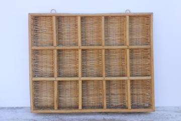 hanging wall basket display box, bamboo or rattan woven basketweave cubbyhole shelves 