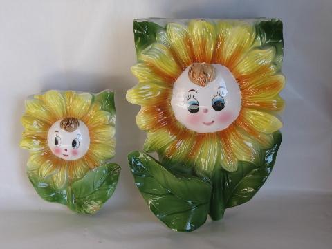 photo of happy sunflowers, vintage Japan china wall pockets, big & small #1