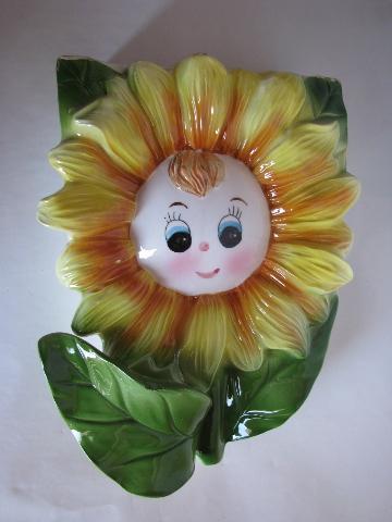 photo of happy sunflowers, vintage Japan china wall pockets, big & small #2