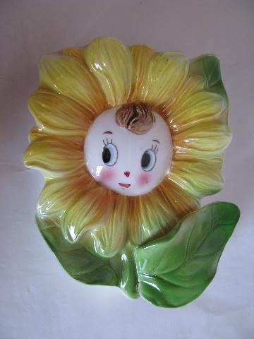 photo of happy sunflowers, vintage Japan china wall pockets, big & small #4