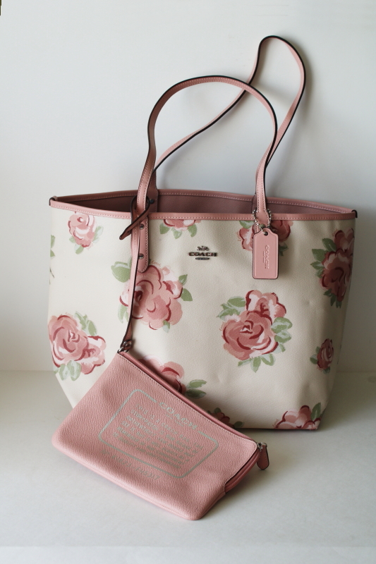 photo of hard to find large flower print pink reversible Coach city tote bag w/ wristlet purses  #1
