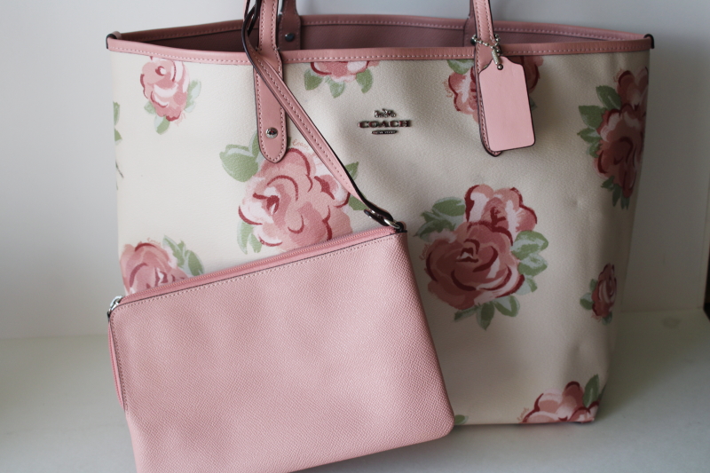 photo of hard to find large flower print pink reversible Coach city tote bag w/ wristlet purses  #5