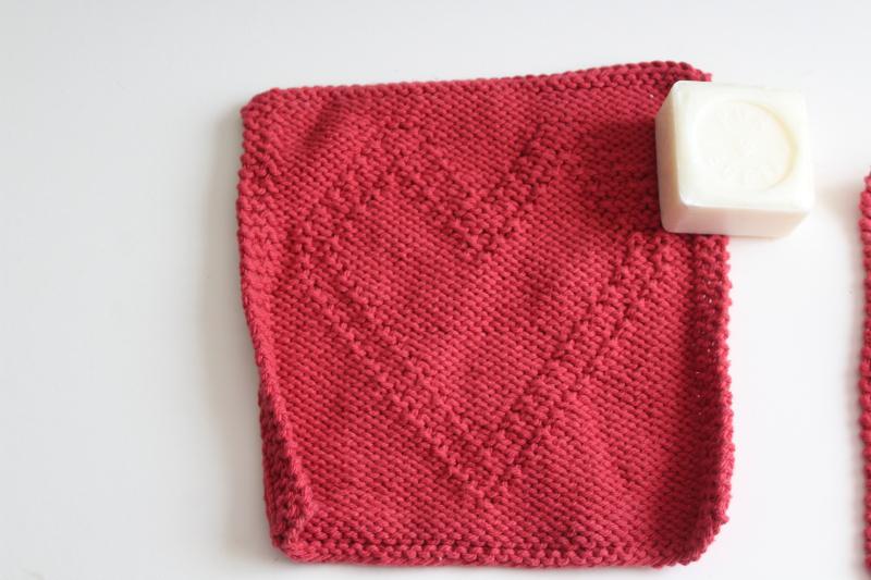 photo of heart pattern hand knit barn red cotton yarn dish cloth wash cloths #2