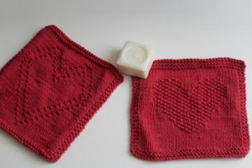 catalog photo of heart pattern hand knit barn red cotton yarn dish cloth wash cloths