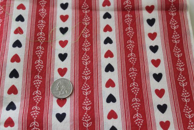 photo of heart print vintage cotton feed sack fabric, hearts in black & red #1