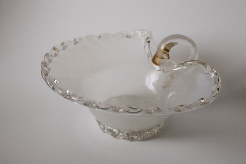 photo of heart shaped hand blown glass candy dish, vintage gold flecked opalescent glass bowl w/ handle  #1