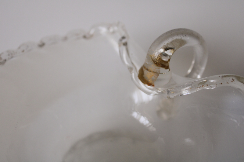 photo of heart shaped hand blown glass candy dish, vintage gold flecked opalescent glass bowl w/ handle  #2