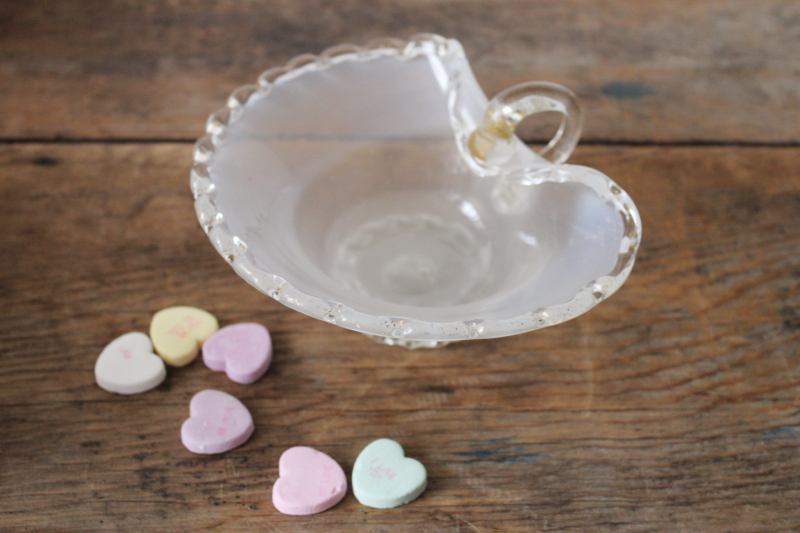 photo of heart shaped hand blown glass candy dish, vintage gold flecked opalescent glass bowl w/ handle  #7