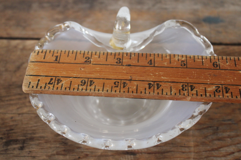 photo of heart shaped hand blown glass candy dish, vintage gold flecked opalescent glass bowl w/ handle  #8