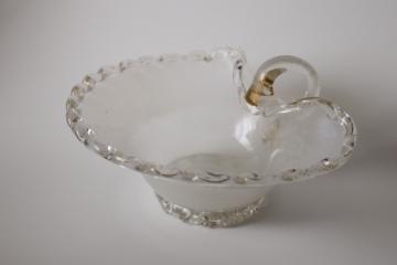 catalog photo of heart shaped hand blown glass candy dish, vintage gold flecked opalescent glass bowl w/ handle 