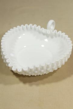 catalog photo of heart shaped nappy vintage Fenton hobnail milk glass, crimped candy dish or nut bowl