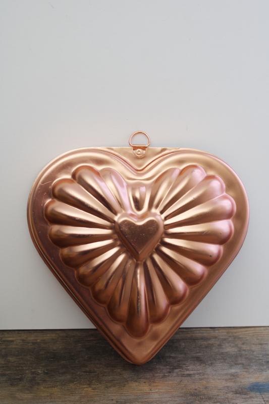 photo of heart shaped vintage copper colored aluminum jello mold or baking pan #1