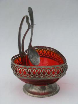 catalog photo of heart shaped vintage sheffield silver plate preserves dish w/ red glass bowl