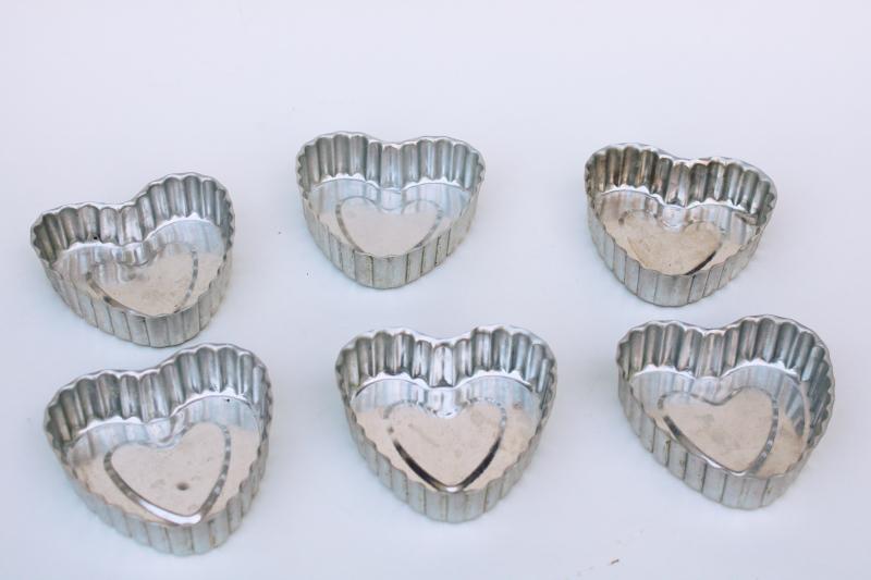 photo of heart shaped vintage tart pans, fluted aluminum baking tins or food molds #1