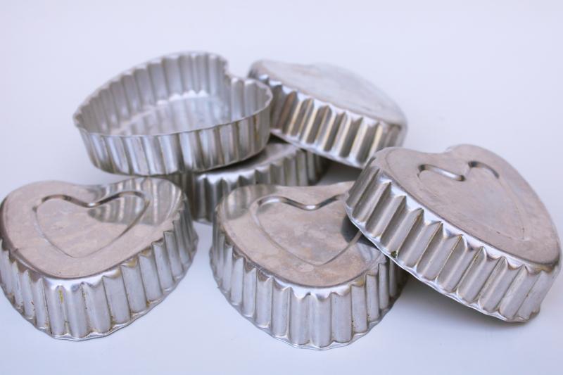 photo of heart shaped vintage tart pans, fluted aluminum baking tins or food molds #4