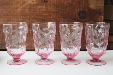 catalog photo of heather pink glass mod vintage drinking glasses set, driftwood crinkle texture tumblers