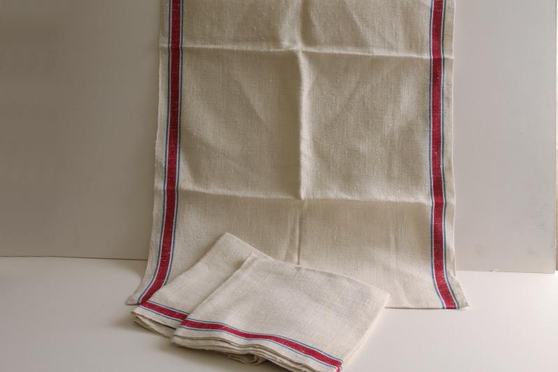 photo of heavy French linen towel fabric, vintage red & blue striped kitchen / dish towels #1