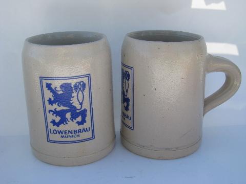 photo of heavy German stoneware pottery beer steins, Lowenbrau #2