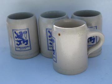 catalog photo of heavy German stoneware pottery beer steins, Lowenbrau