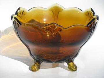 catalog photo of heavy amber glass footed fruit centerpiece bowl, Indiana fleur de lis