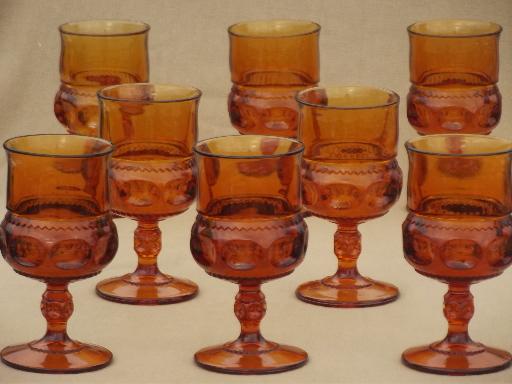 photo of heavy amber glass wine glasses, 8 vintage King's Crown pattern goblets #1