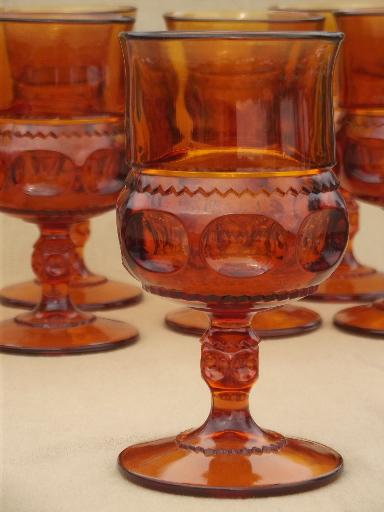 photo of heavy amber glass wine glasses, 8 vintage King's Crown pattern goblets #2