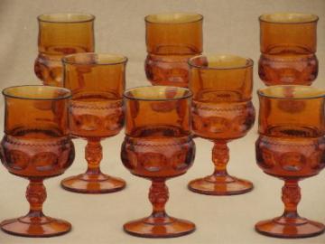 catalog photo of heavy amber glass wine glasses, 8 vintage King's Crown pattern goblets