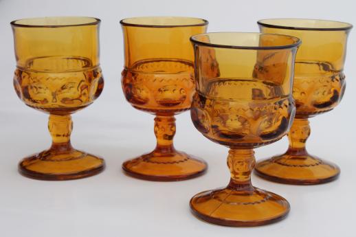 photo of heavy amber glass wine glasses, set of 4 vintage King's Crown pattern goblets #1