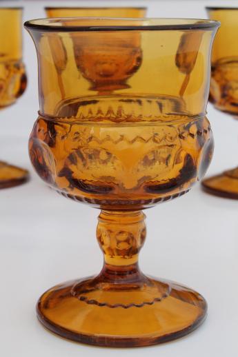 photo of heavy amber glass wine glasses, set of 4 vintage King's Crown pattern goblets #2