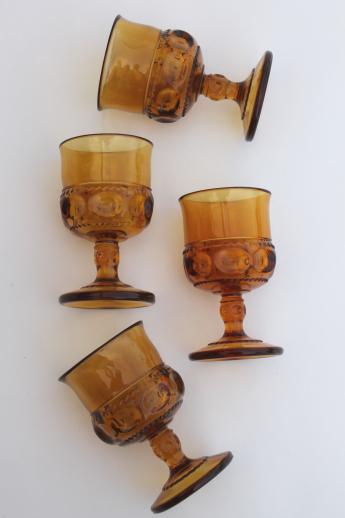 photo of heavy amber glass wine glasses, set of 4 vintage King's Crown pattern goblets #3