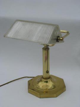 catalog photo of heavy brass banker's light desk lamp, ribbed prismatic glass shade