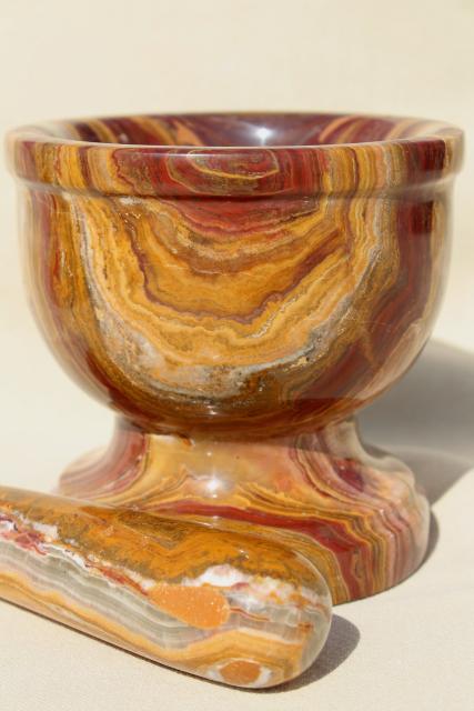 photo of heavy carved stone mortar & pestle, red/ brown banded agate or onyx  #3