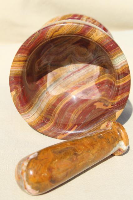 photo of heavy carved stone mortar & pestle, red/ brown banded agate or onyx  #5