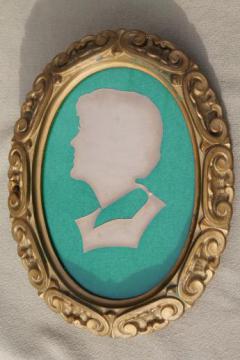 catalog photo of heavy carved vintage gold Burwood oval frame w/ cut paper silhouette picture