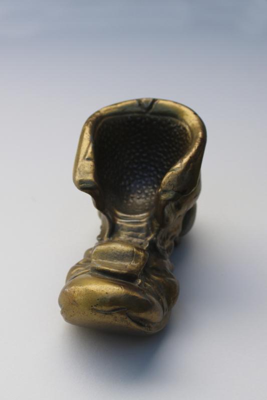 photo of heavy cast metal paperweight / pipe holder, old work boot shoe w/ antique brass finish #2