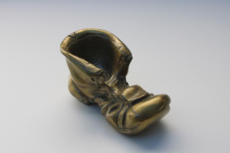 photo of heavy cast metal paperweight / pipe holder, old work boot shoe w/ antique brass finish #4